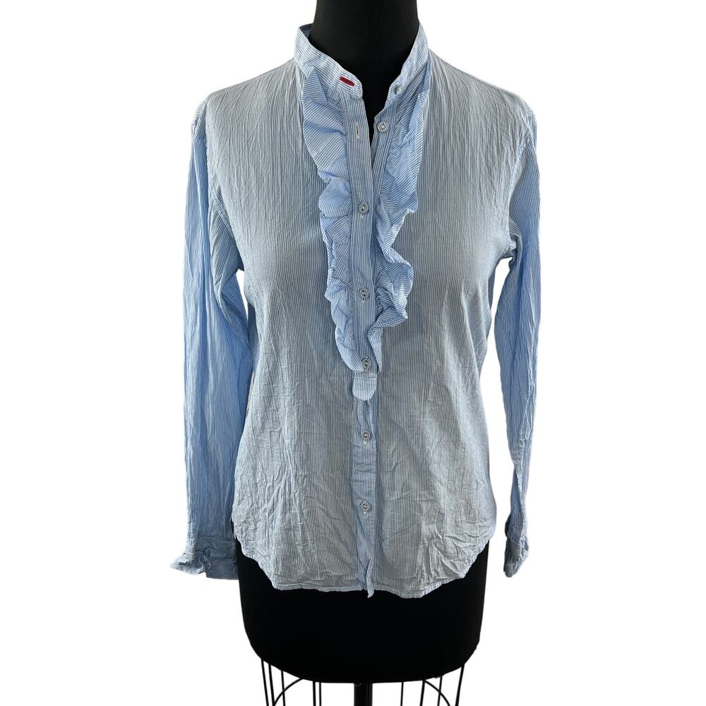 Ines De La Fressange UNI QLO Blue White Top Ruffle Metallic Stripe Size Medium M